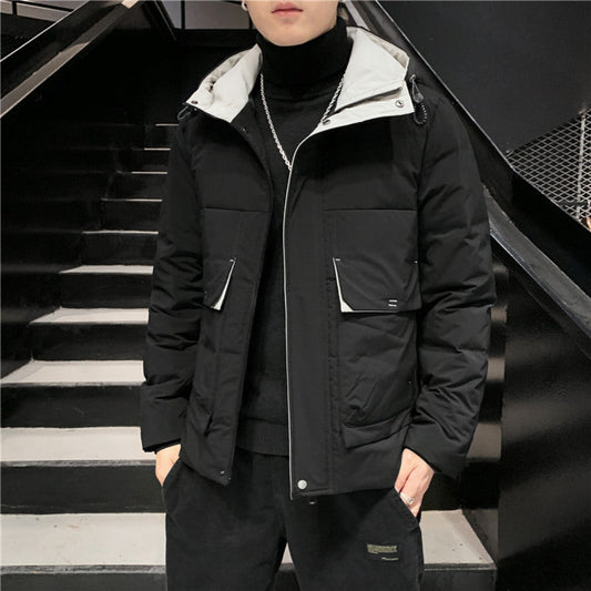 Short hooded workwear jacket with white duck down filling