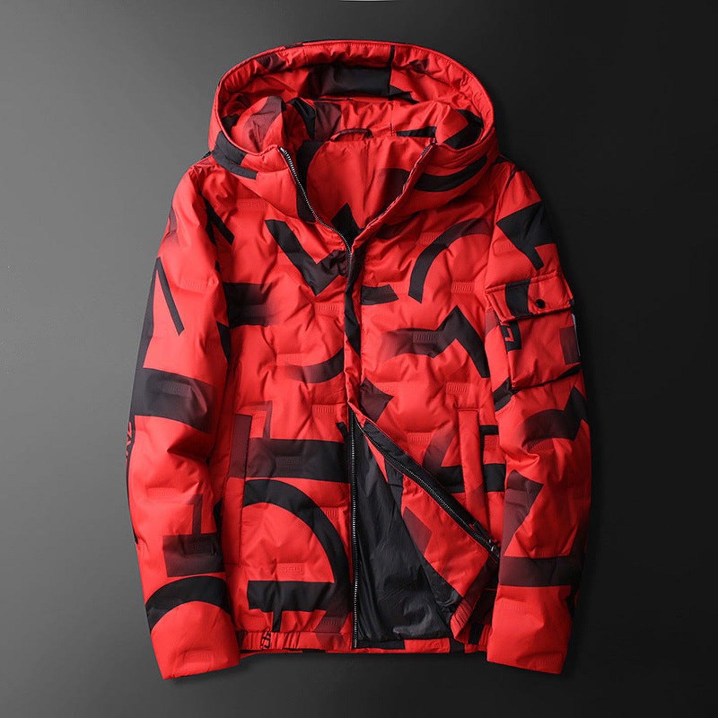 Bold red abstract pattern men’s hooded down jacket, winter wear