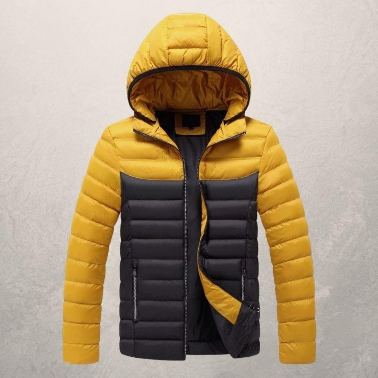 Yellow and black hooded winter jacket with a contrasting padded exterior.