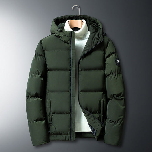 Front view of green hooded winter cotton jacket with zip-up closure