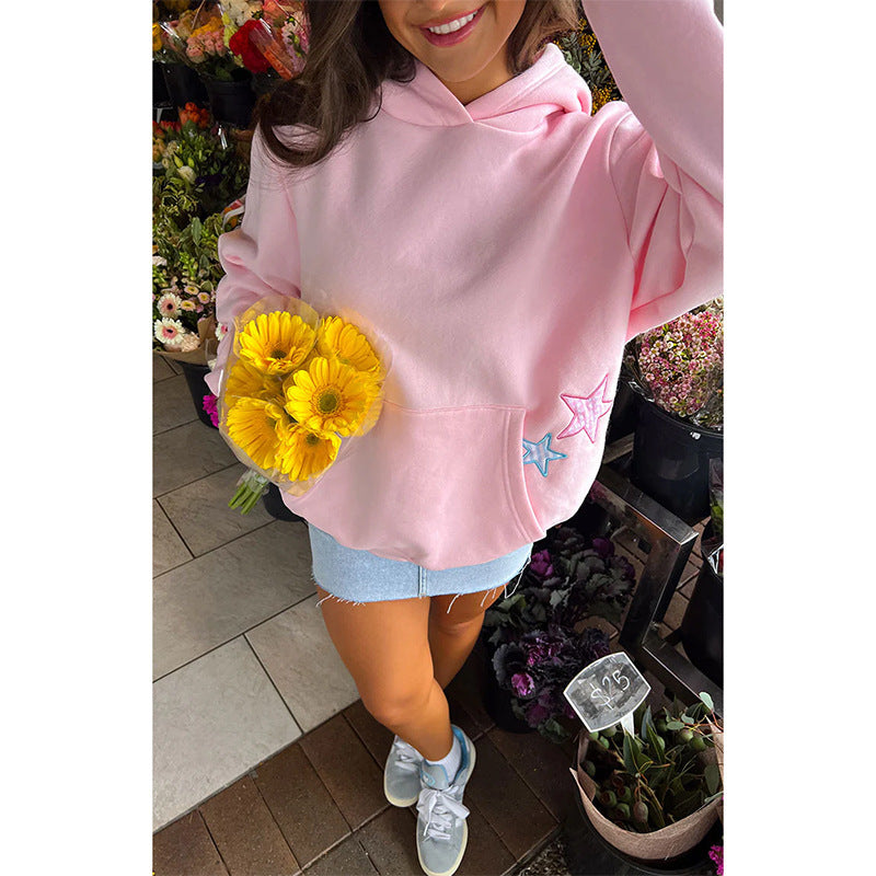 Trendy Kapuzenpullover mit Stickerei aus aufgenähtem Stoff für Damen