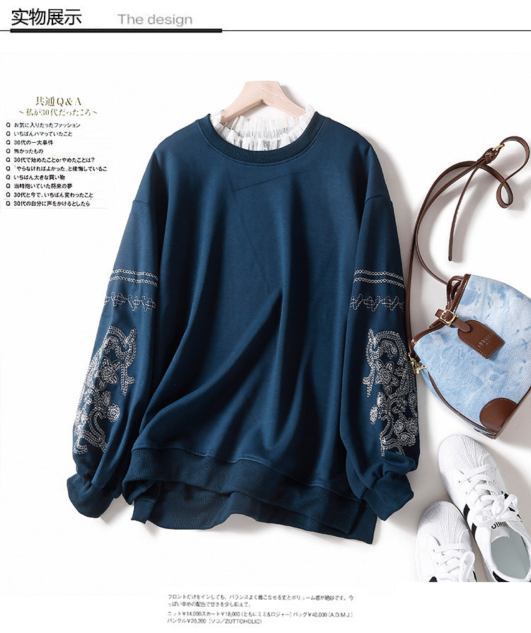 Lace Stitching Embroidered Crew Neck Sweater For Women