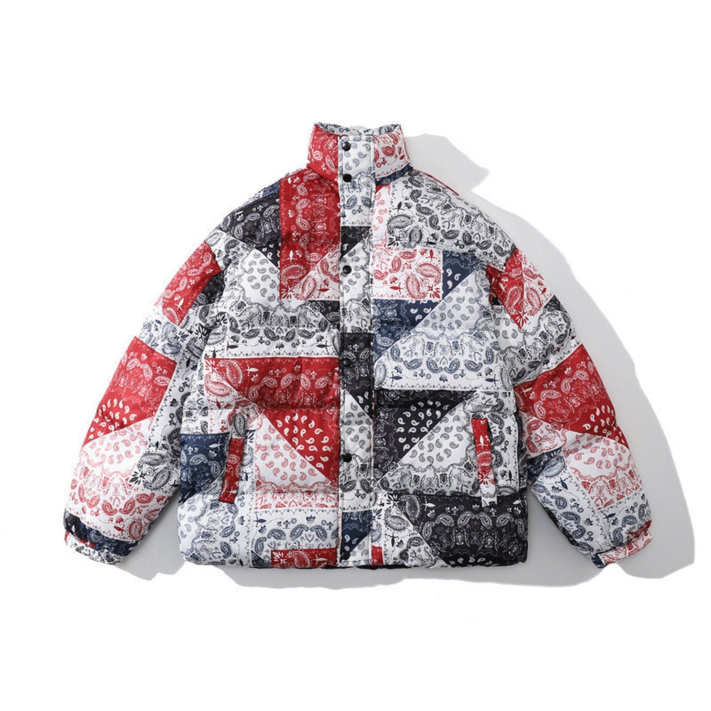 Men's padded winter jacket in red and white paisley graphic print - front view