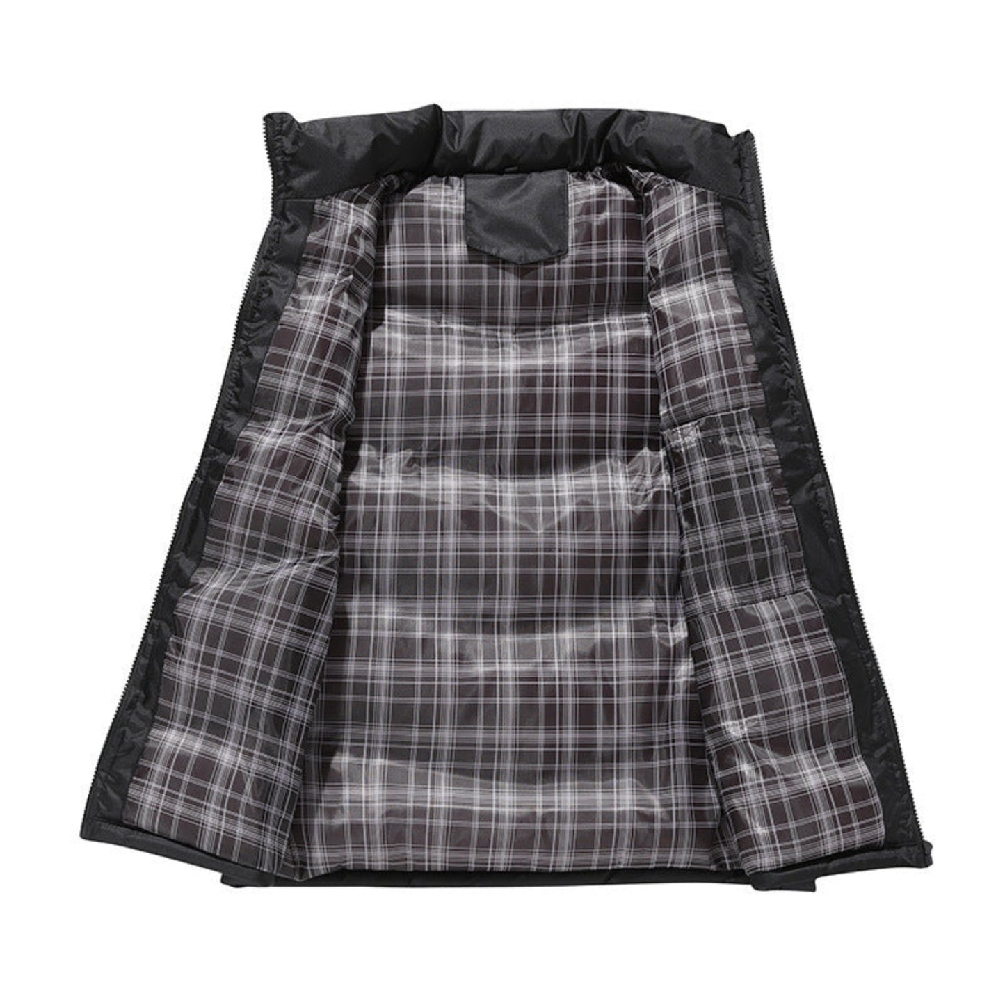 Interior view of men’s winter vest with plaid lining and detailed stitching