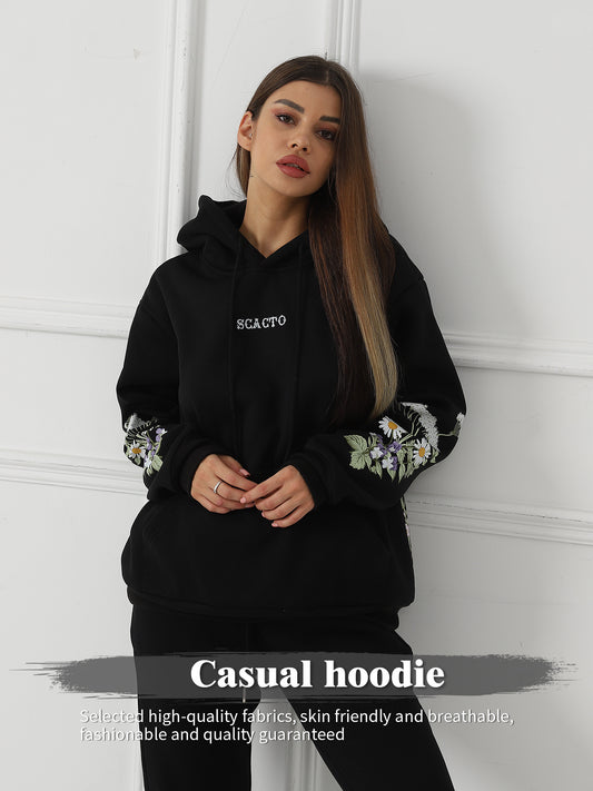 Einfarbiger, langärmliger Hoodie mit Blumenmuster für Damen