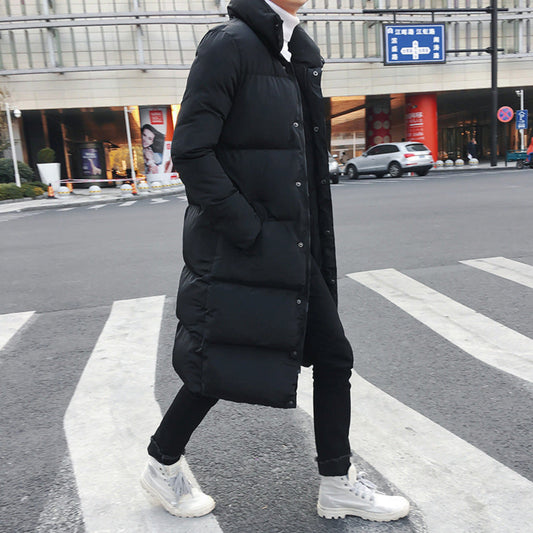 Front view of men’s long winter coat with stand-up collar.