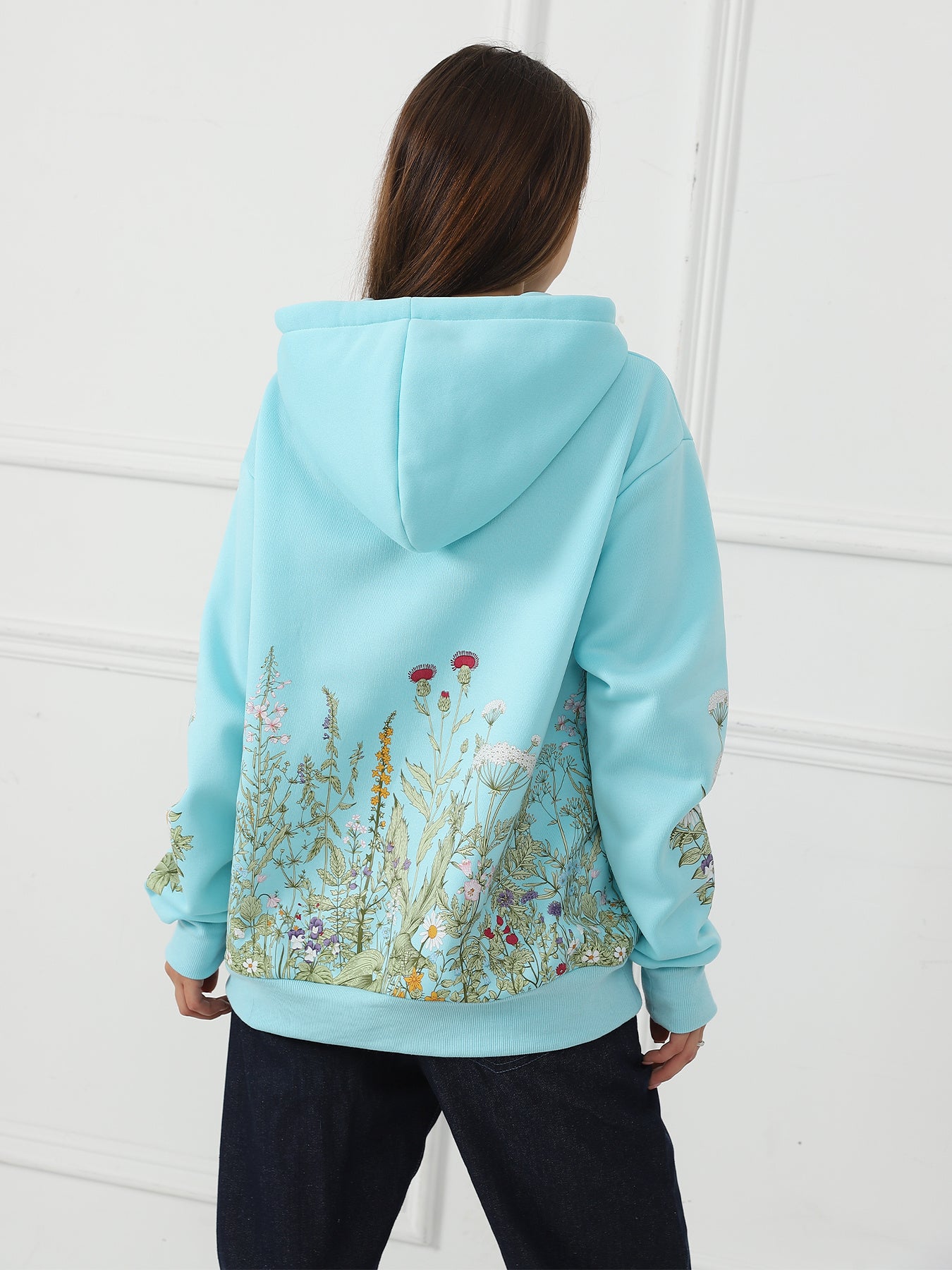 Einfarbiger, langärmliger Hoodie mit Blumenmuster für Damen