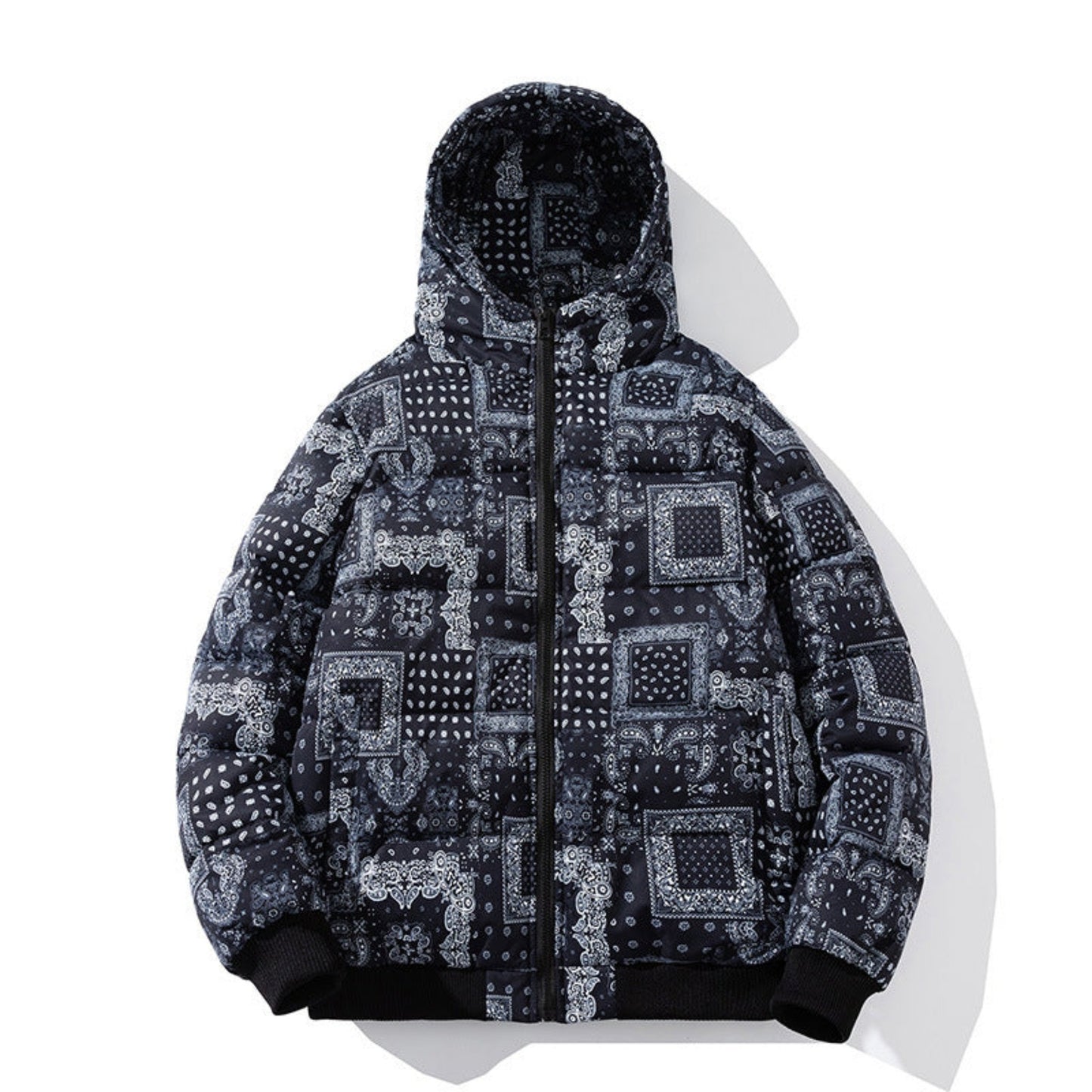 Close-up of the Gray Blue camouflage hooded jacket, highlighting the intricate pattern and cozy fit.