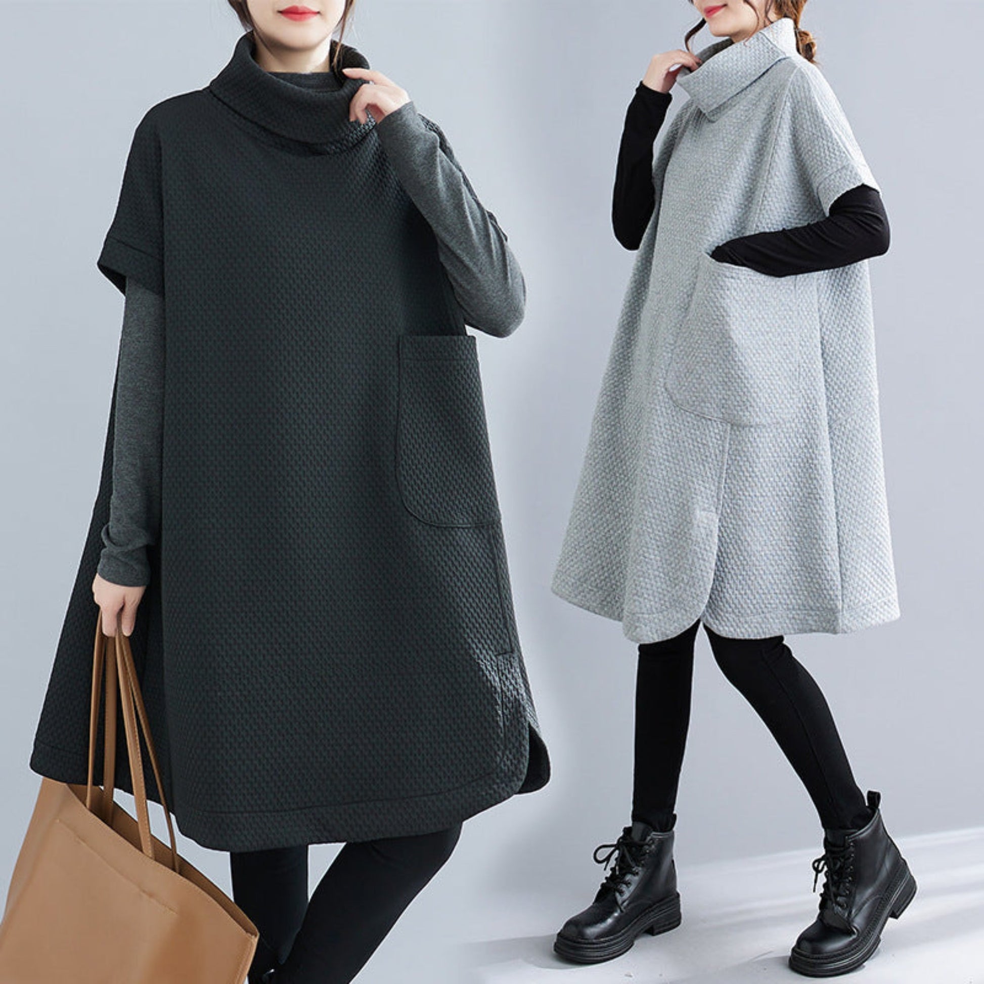 Women's casual loose turtleneck pullover dress in black and gray