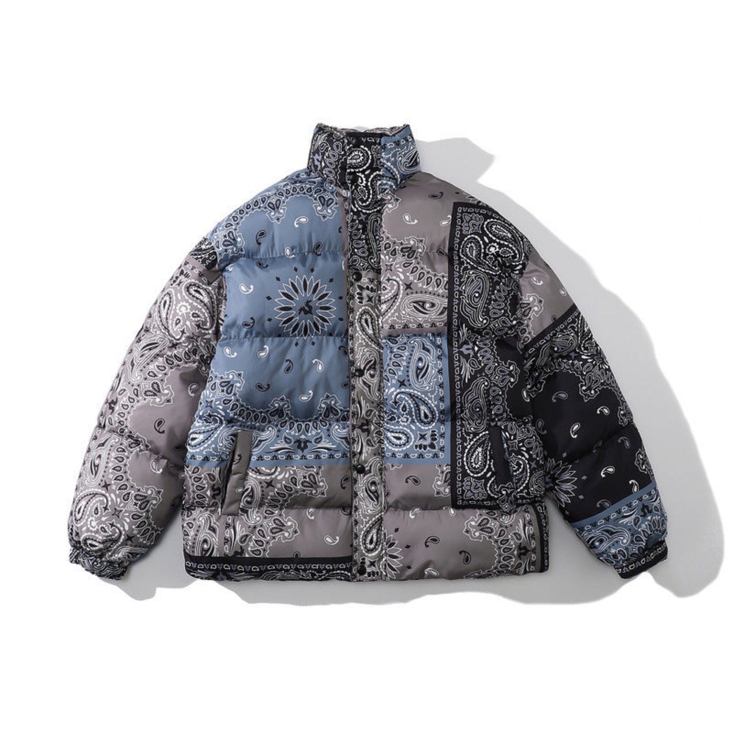 Men's padded winter jacket in colorful patchwork graphic print - front view