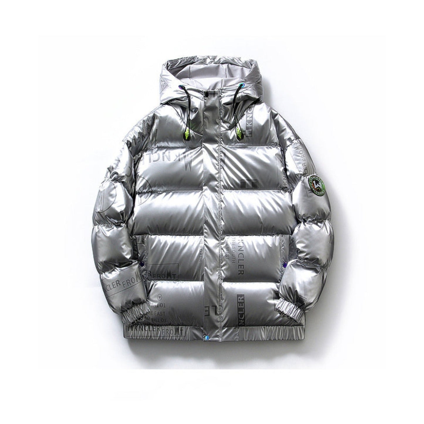 Front view of silver unisex duck down jacket with glossy finish and stand collar