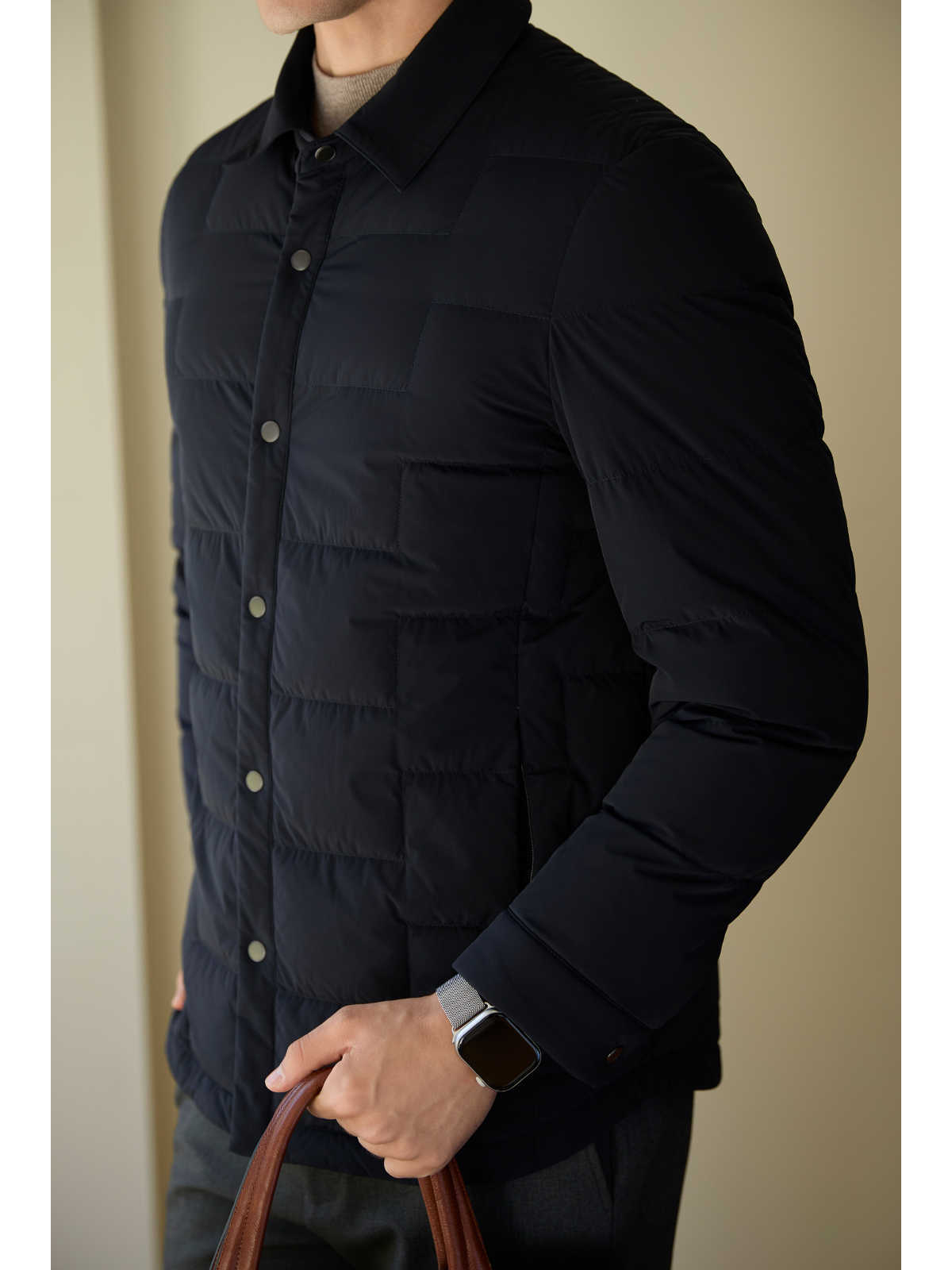 Men's Black Padded Jacket - Close-Up of Sleeve and Front Pocket Design