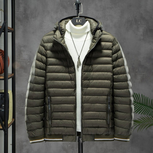 Army green men's cotton-padded jacket with detachable hood, displayed on a hanger.