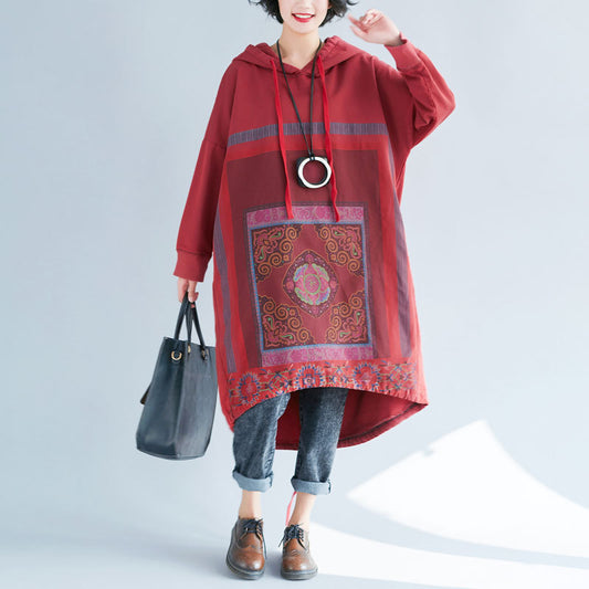 Hooded Sweater Loose Printed Long Dress Gradient Color