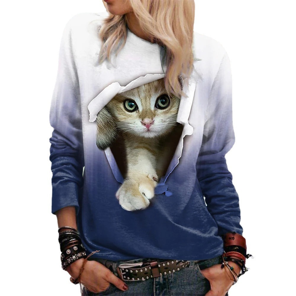 Gradient Cat Print Mid-calf Shirt Casual Sweatshirt Pullover Long-sleeved Shirt