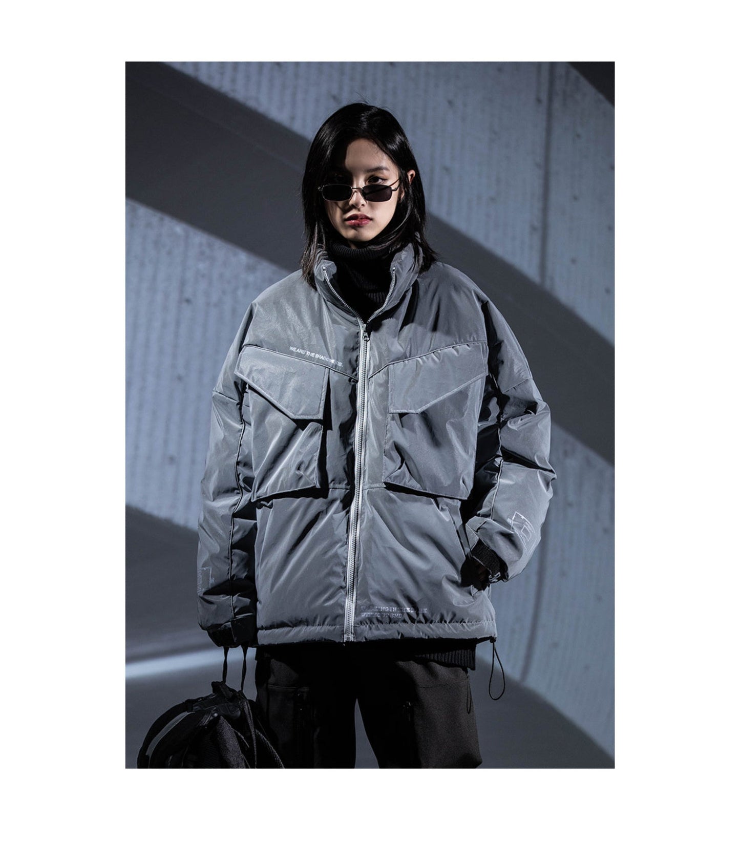 Glossy Reflective Cotton Coat with Stand Collar