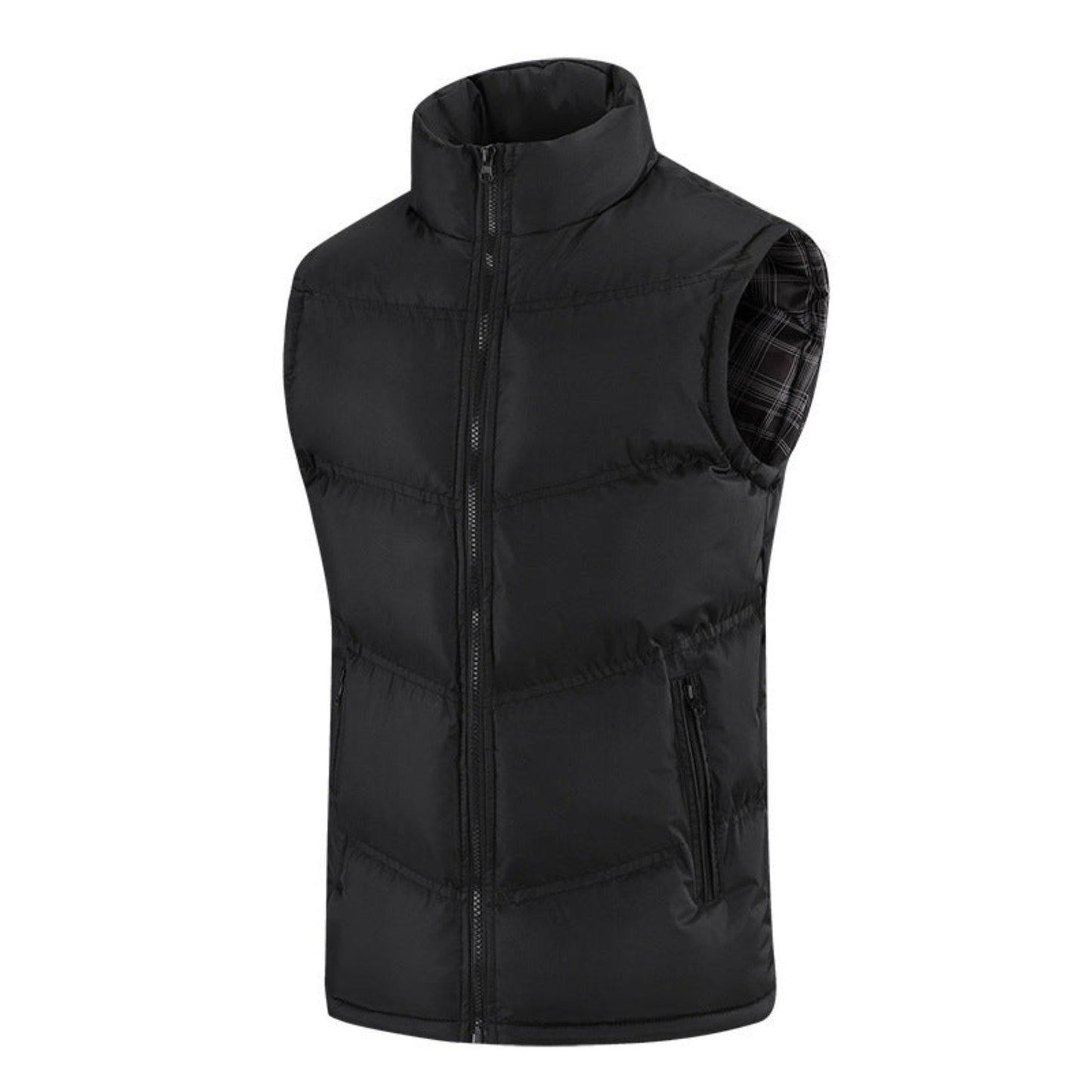 Front view of Black men’s stand-up collar winter vest with lightweight design