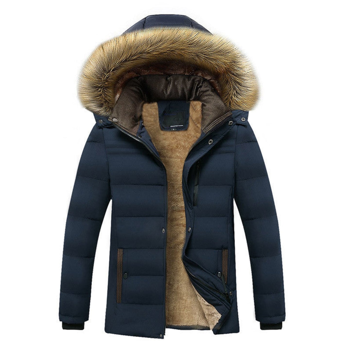 Front view of a dark blue cotton-padded jacket with velvet lining.