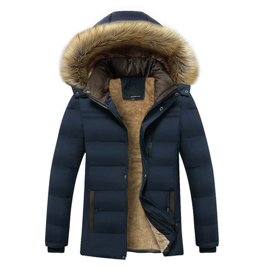 Front view of a dark blue cotton-padded jacket with velvet lining.