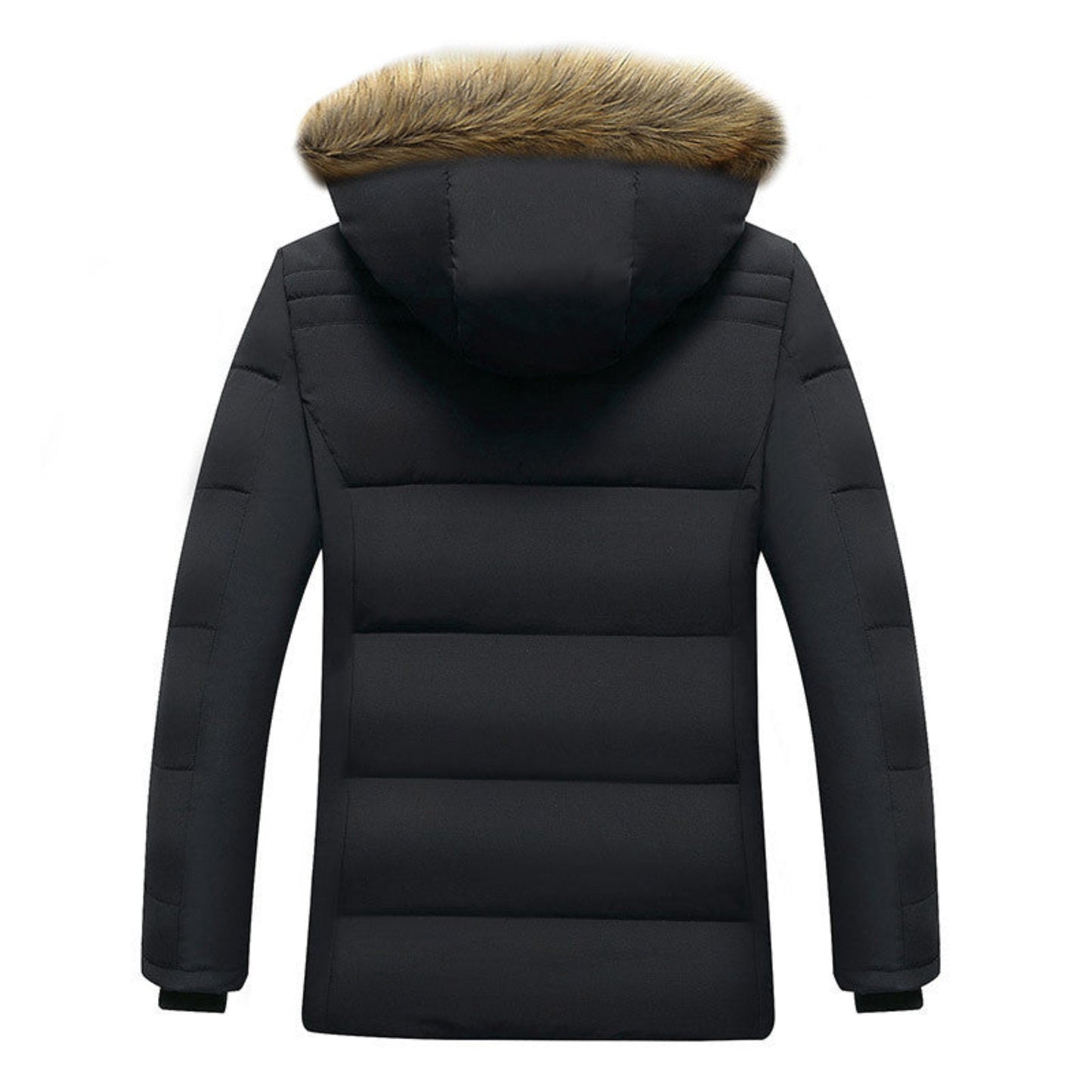 Back view of a black cotton-padded jacket with fur-lined hood.