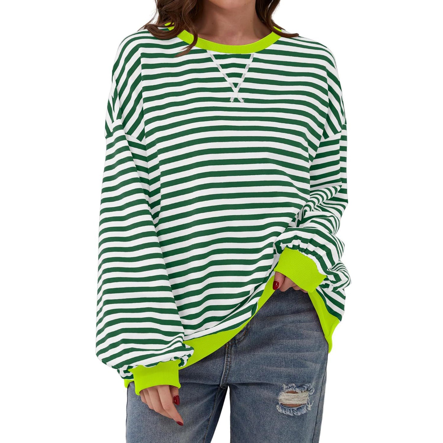 Loose Striped Long Sleeve T-shirt Casual Pullover Sweater For Womens Clothing