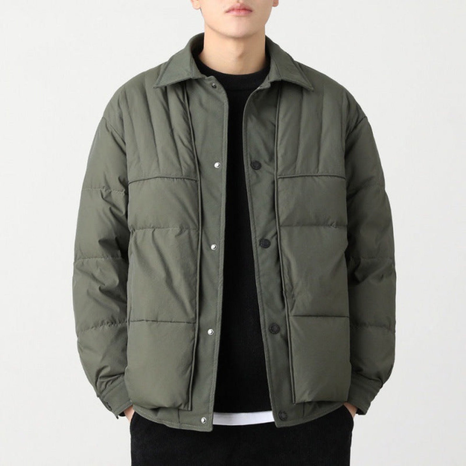 Men's Army green button-up quilted jacket with front pockets and casual fit