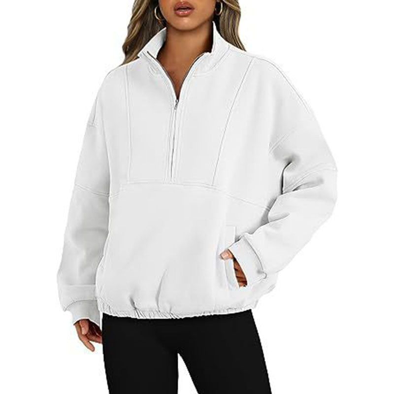 Pull de sport décontracté pour femme avec poche zippée et col montant et manches longues