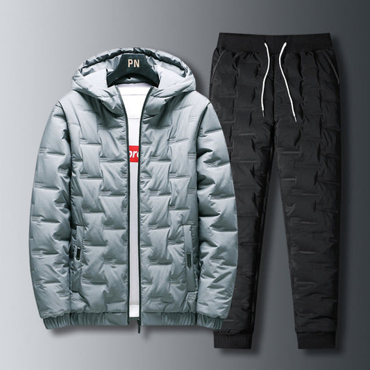 Men's winter jacket and pants set in grey, front view.