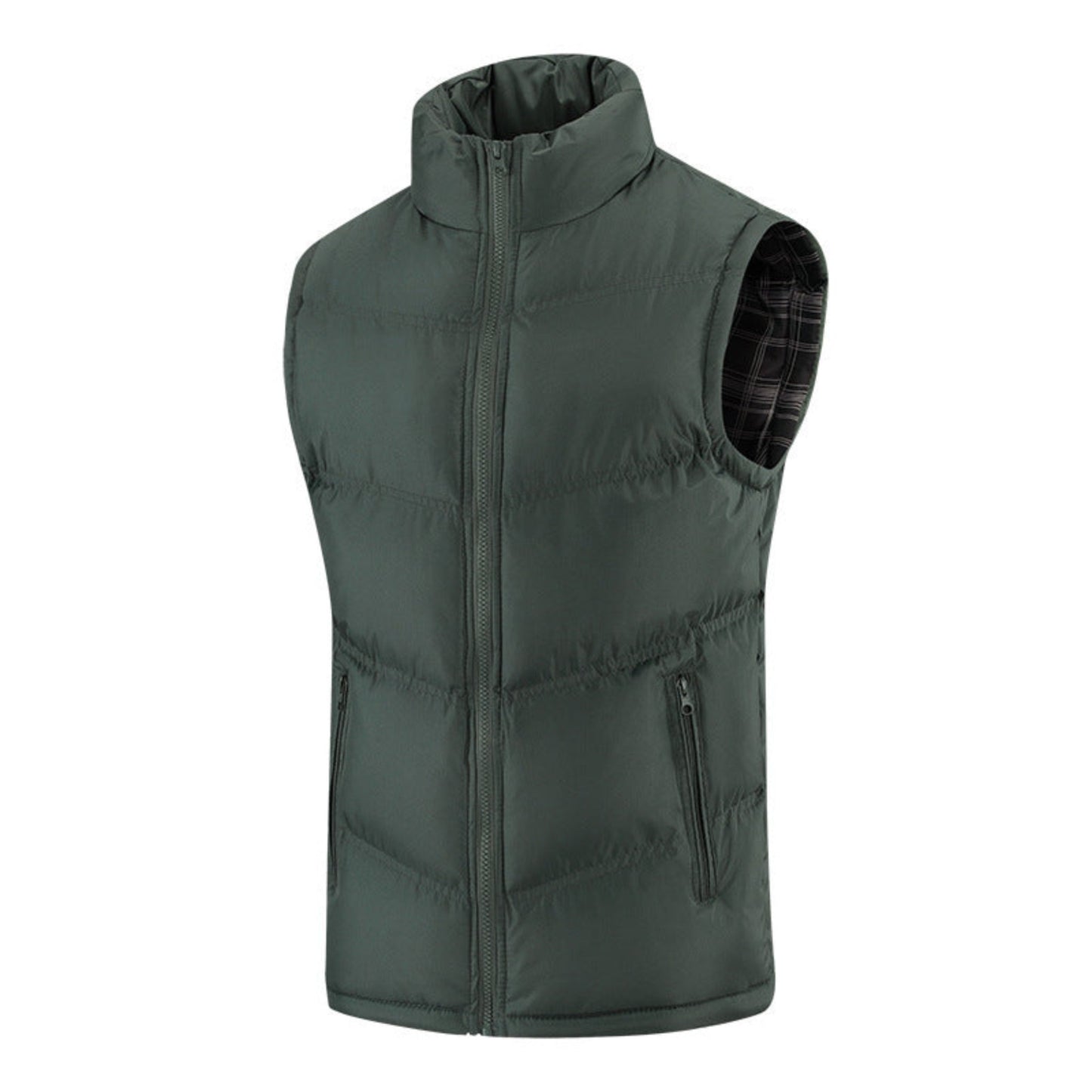 Flat display of Army Green men’s sleeveless winter vest with stand-up collar and zipper pockets