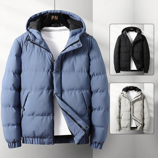 Men's blue padded winter jacket with a stand-up collar displayed alongside inset images showing black and white color options.