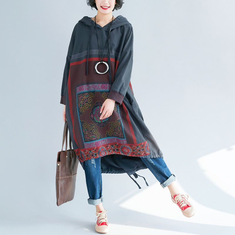 Hooded Sweater Loose Printed Long Dress Gradient Color