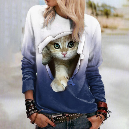 Gradient Cat Print Mid-calf Shirt Casual Sweatshirt Pullover Long-sleeved Shirt