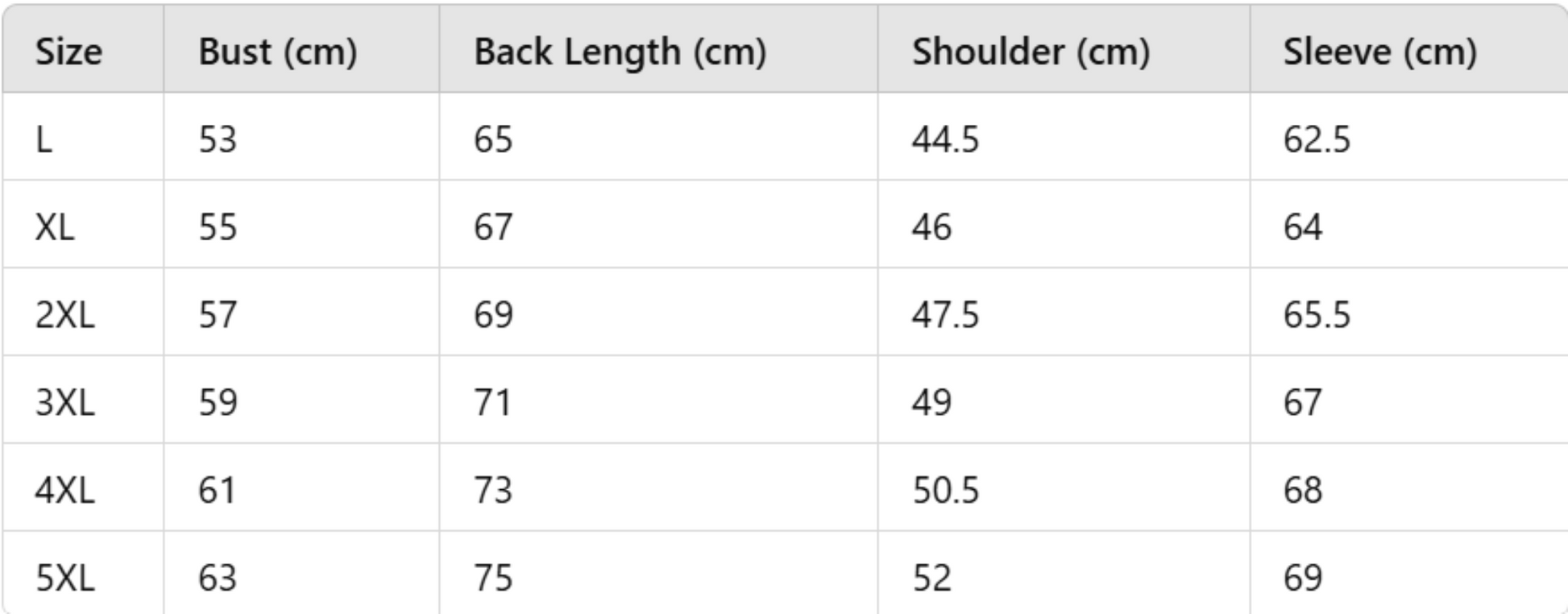 Size chart detailing measurements for all available sizes.
