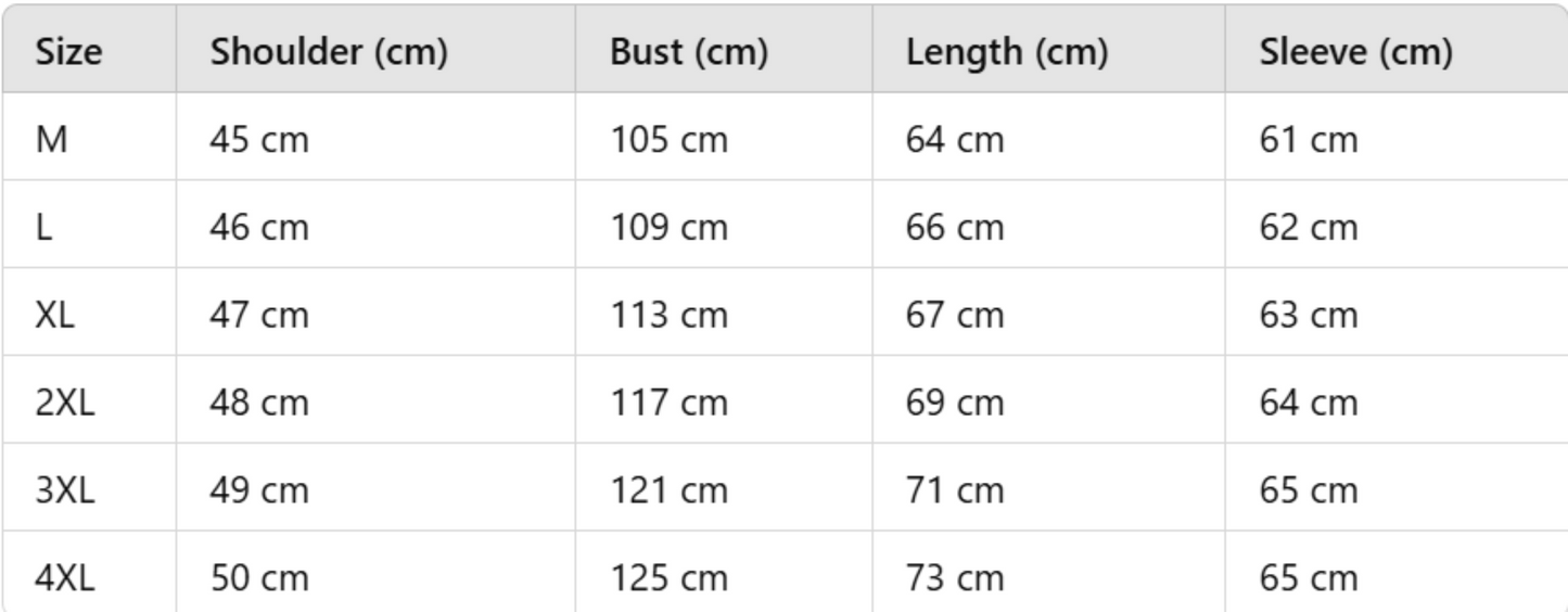 Size chart for men’s hooded down jackets with shoulder, bust, length, and sleeve measurements