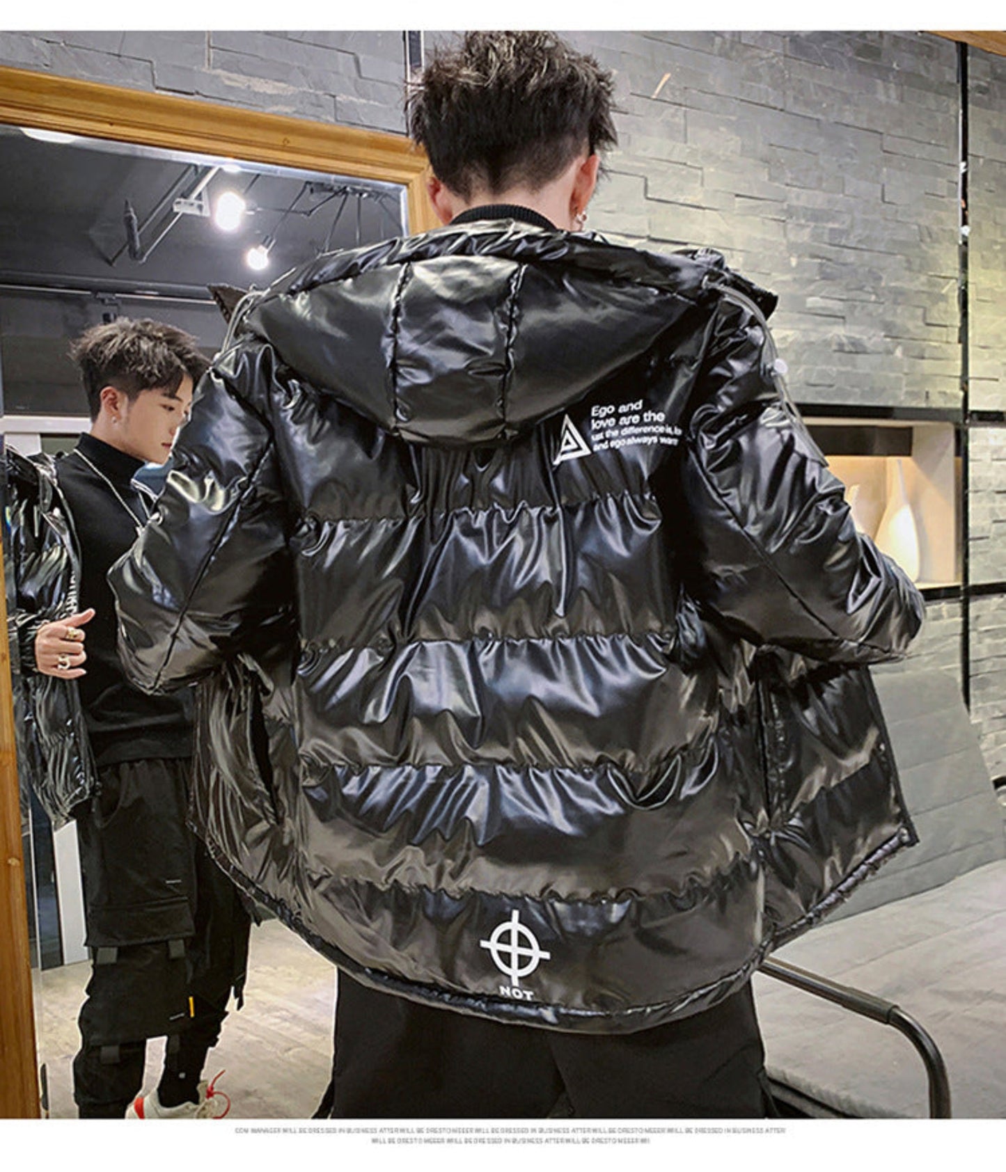 Rear view of Reflective Jacket in black with modern hood design